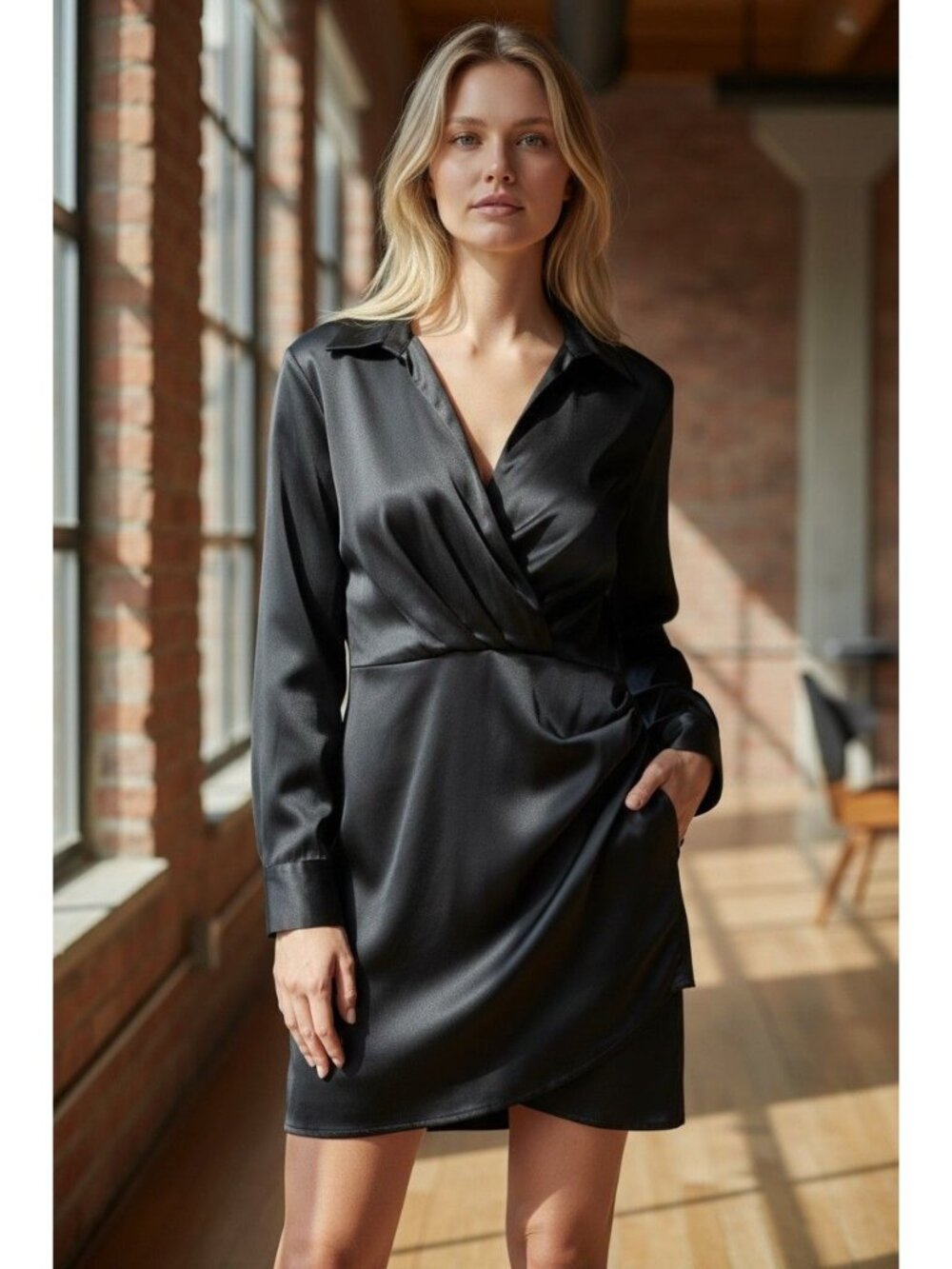 Zara Black Satin Wrap Dress With Long Sleeves Asymmetrical Hem & Ruched Detail W